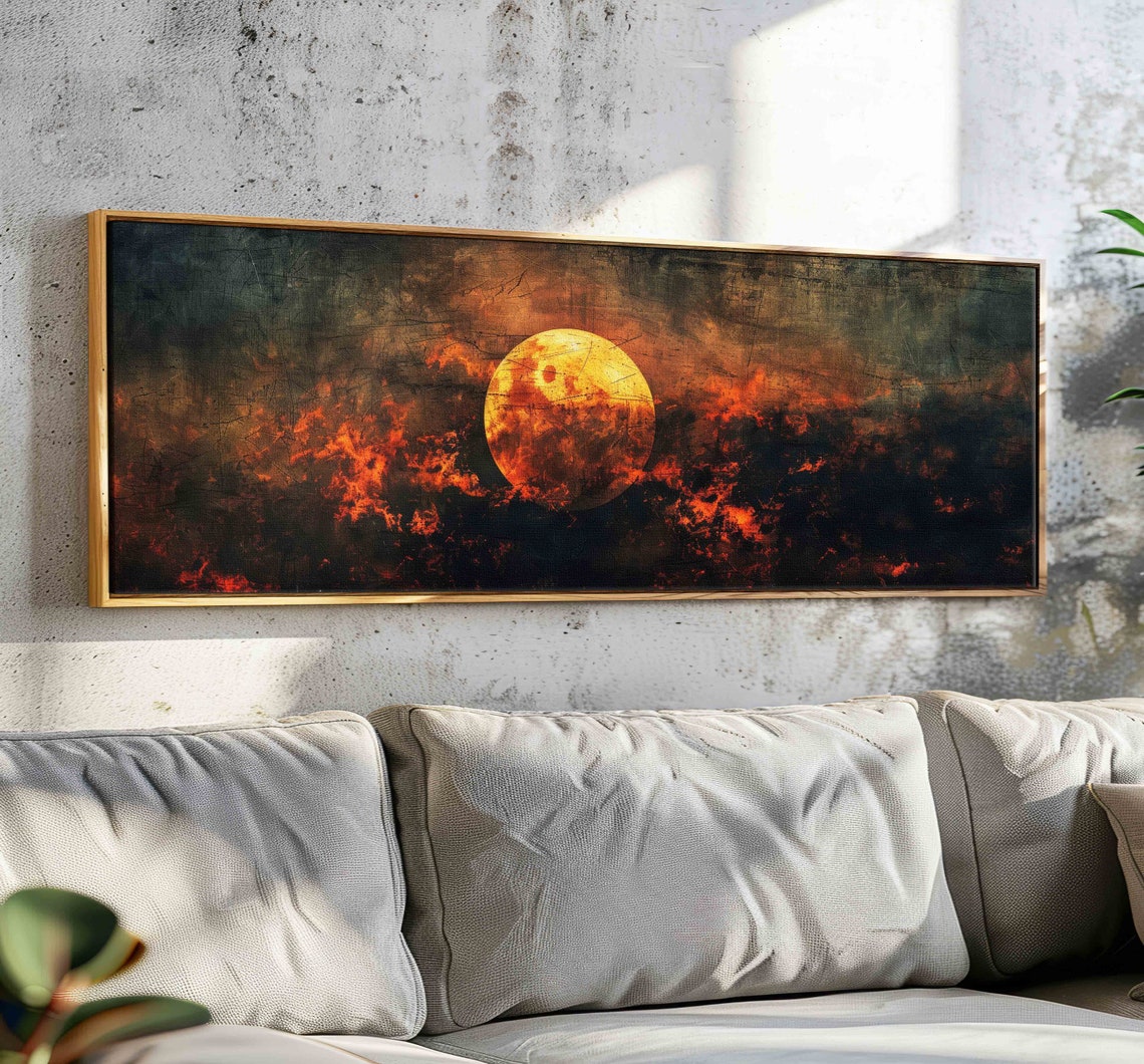 Fiery Moon Behind Dark Red Clouds Moody Night Sky Panoramic Wall Art