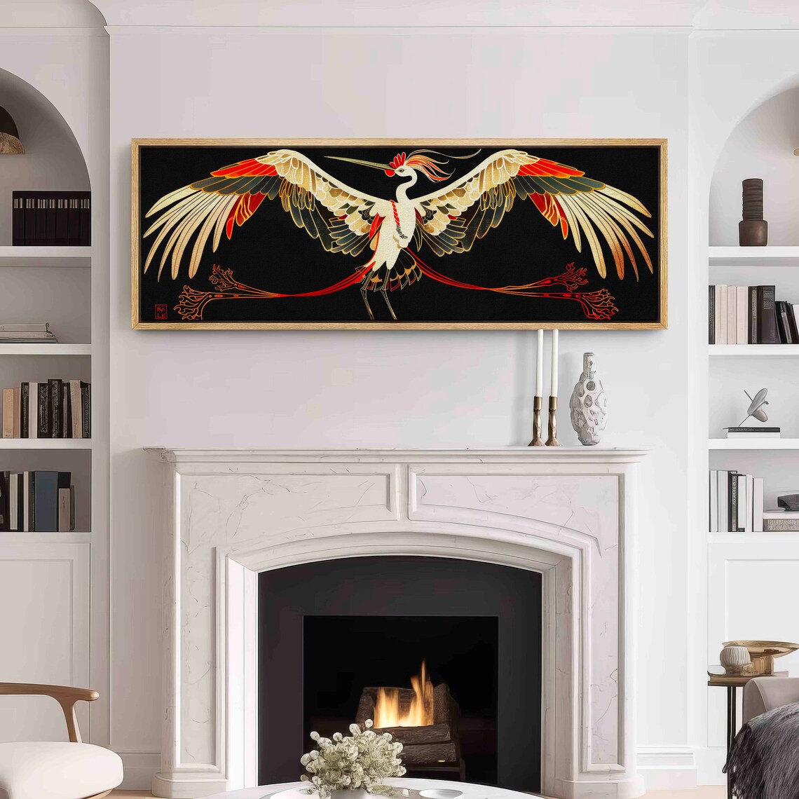 Art Nouveau White Crane Spread Wings Black Gold Decorative Wall Art - Image 3