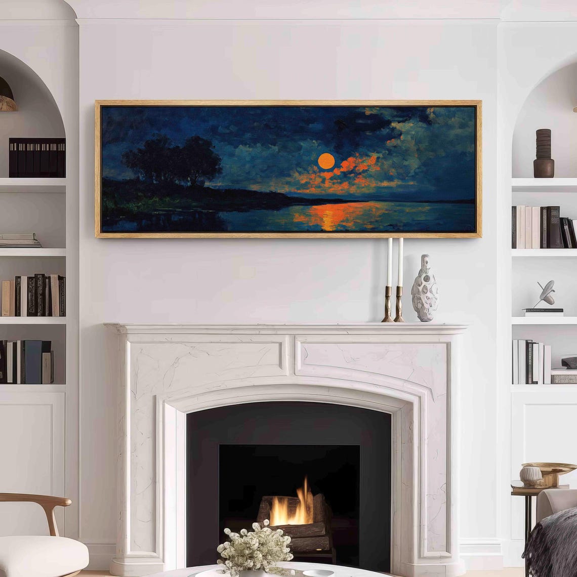 Moody Lake Sunset Orange Sun Dark Blue Panoramic Art Wall Poster - Image 3