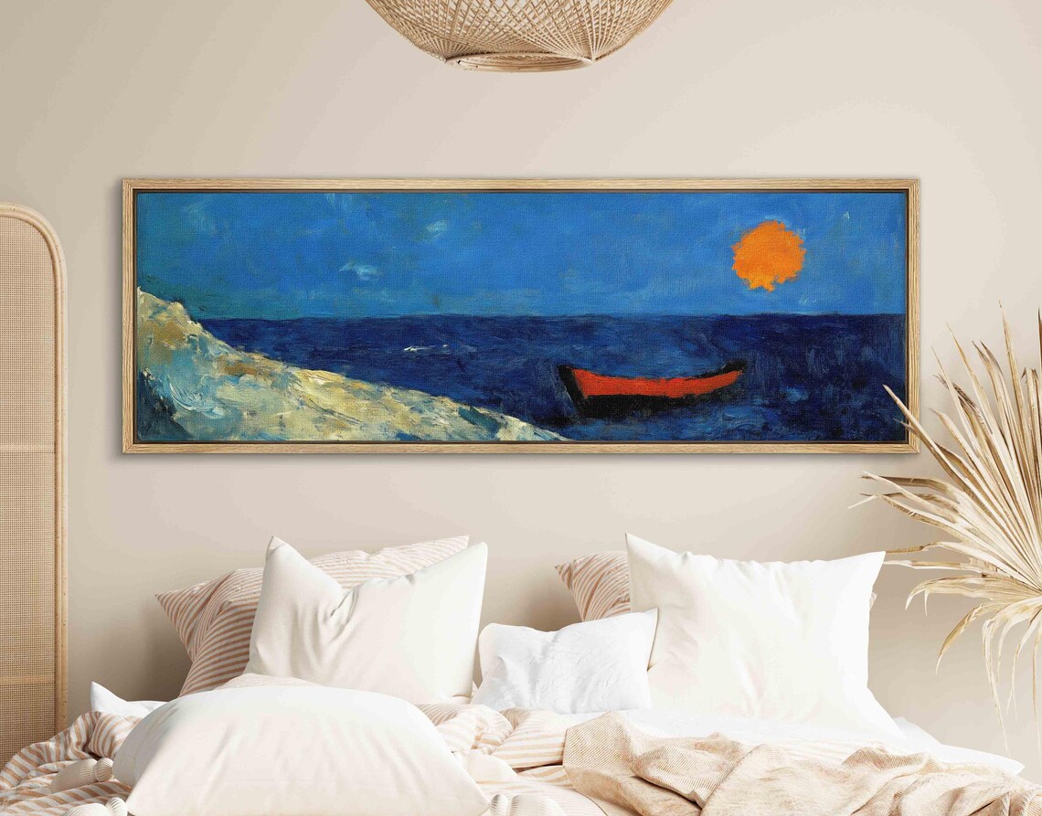 Expressionist Seascape Red Boat Orange Sun Blue Ocean Art Print - Image 2