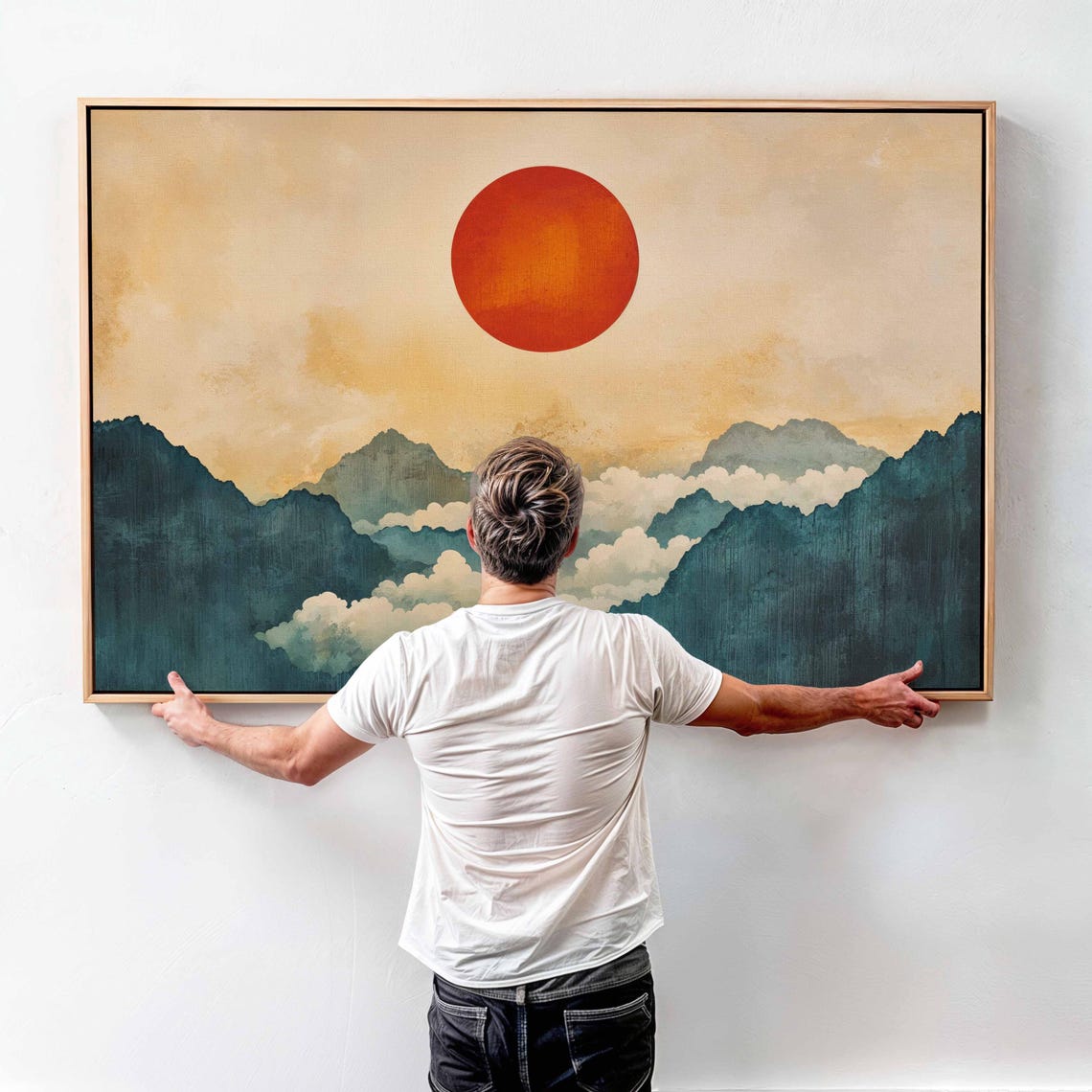 Japanese Red Sun Over Teal Mountain Ridges Clouds Asian Style Wall Art - Image 4