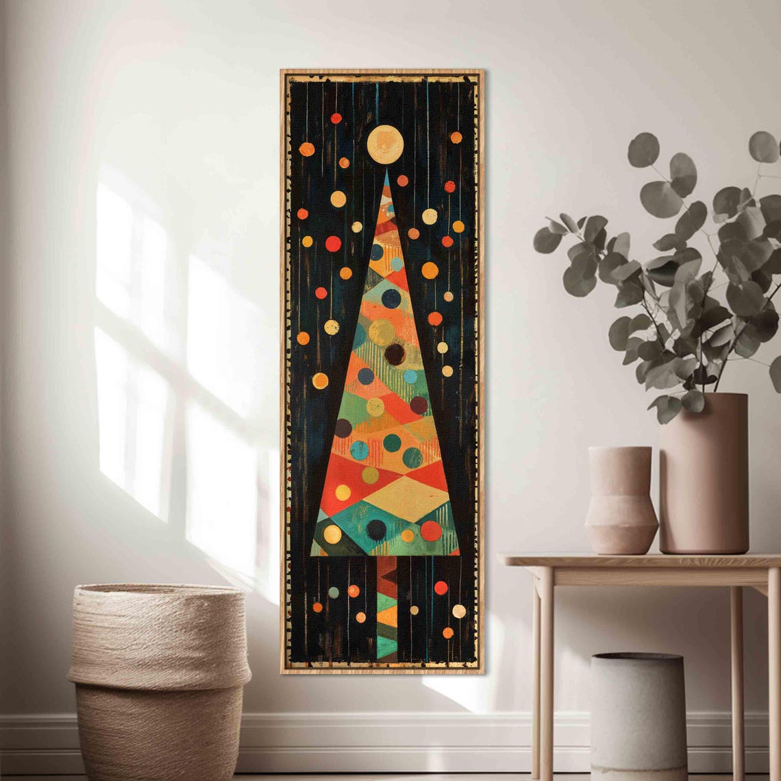 Mid Century Geometric Christmas Tree on Dark Vertical Wall Art