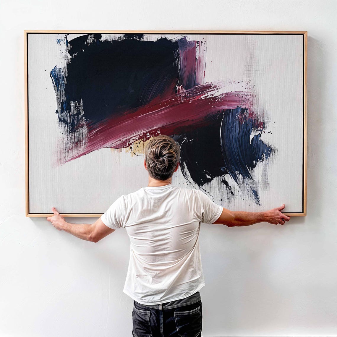 Abstract Navy and Magenta Brushstrokes on White Modern Painting Print - Image 4