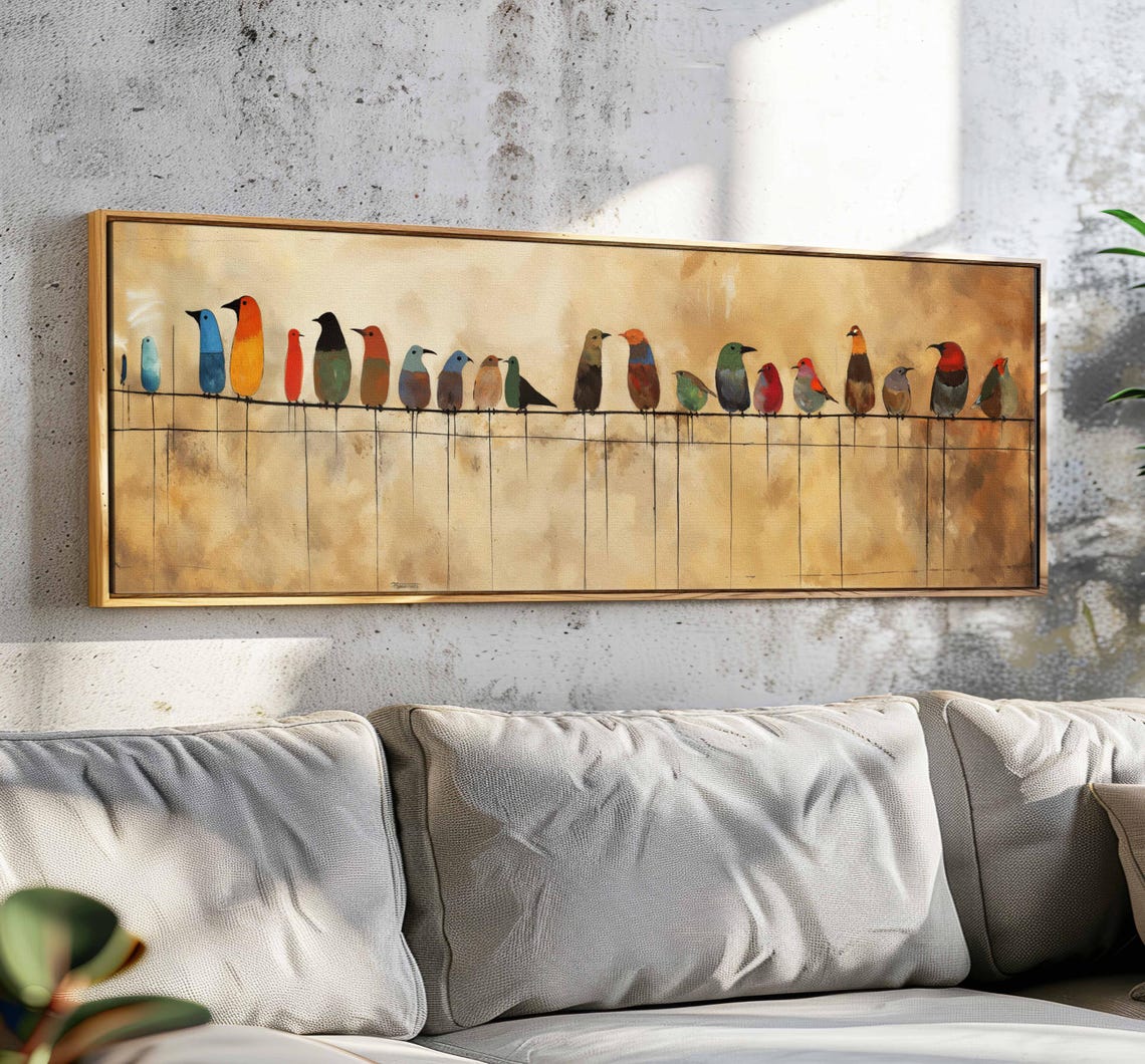 Whimsical Birds Perched Wires Warm Beige Mid Century Modern Art Poster