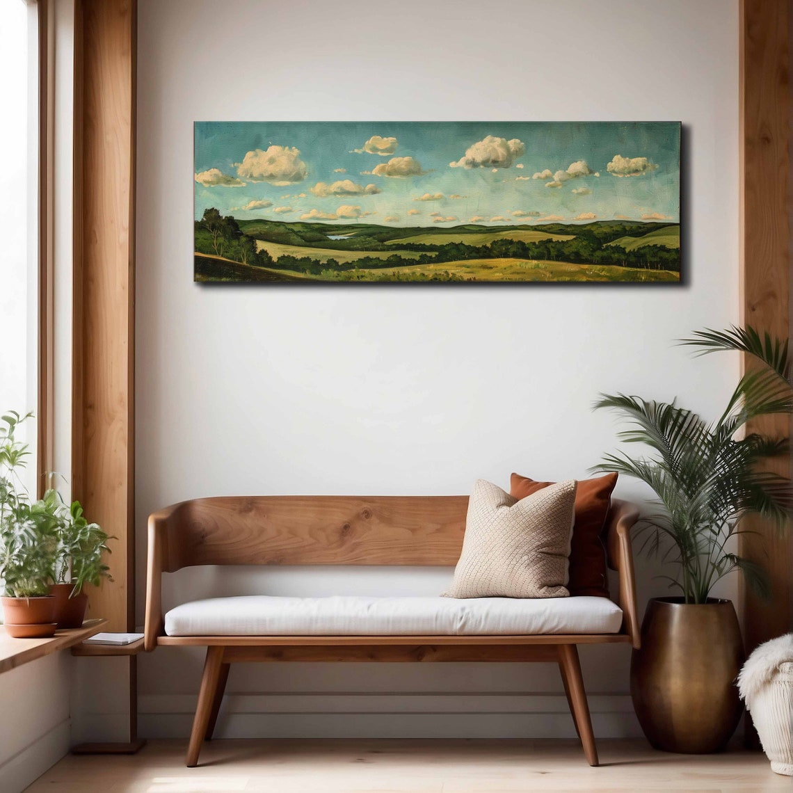 Vintage Green Countryside Rolling Hills Clouds Panoramic Art Print - Image 4