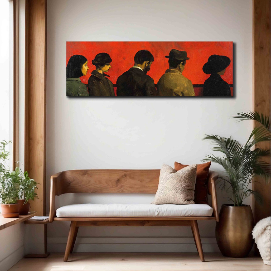 Five Figures From Behind Against Red Wall Panoramic Painting Print - Image 4