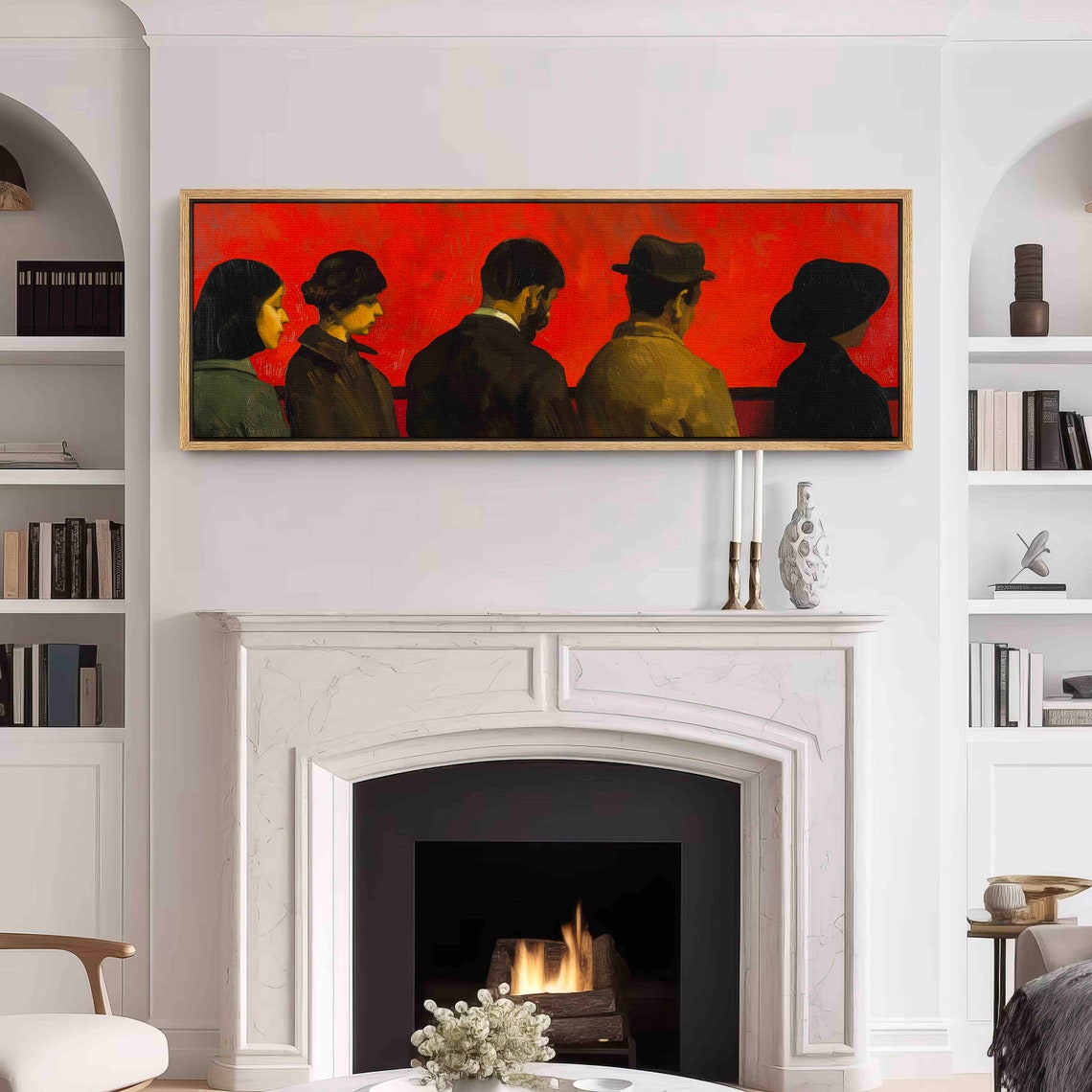 Five Figures From Behind Against Red Wall Panoramic Painting Print - Image 3