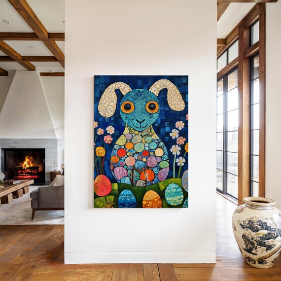 Mosaic Easter Bunny Colorful Egg Pattern Folk Art Style Easter Poster