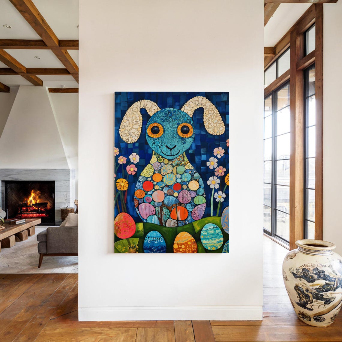 Mosaic Easter Bunny Colorful Egg Pattern Folk Art Style Easter Poster