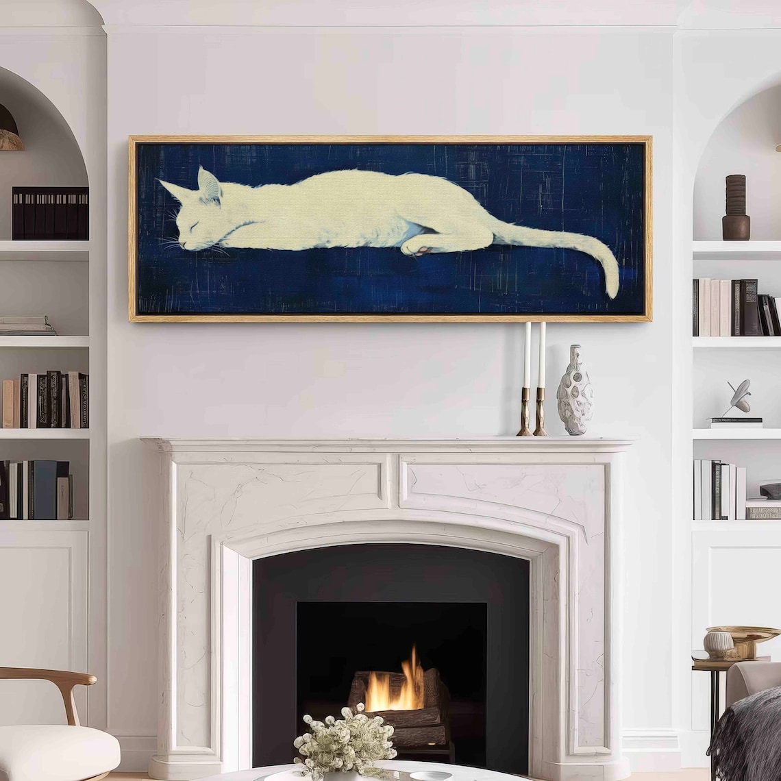 Navy Blue White Cat Art Print, Modern Animal Decor - Image 3