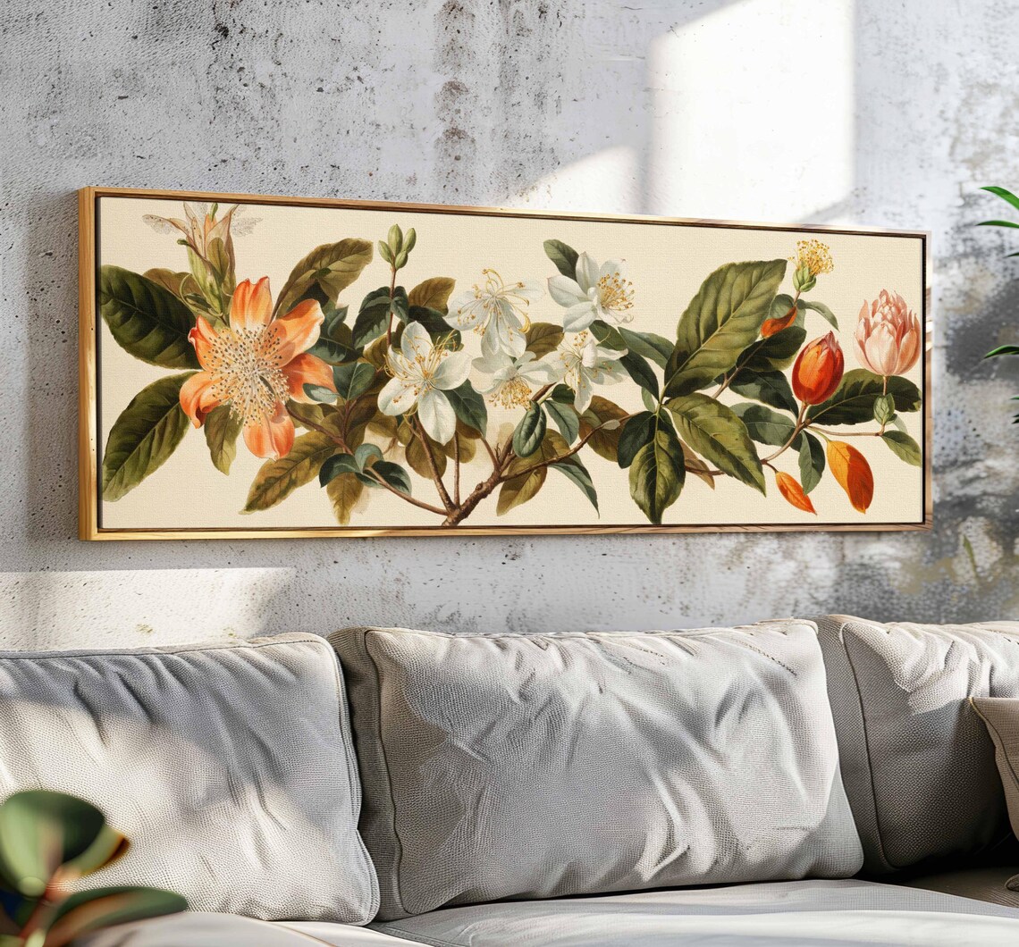 Vintage Botanical Blossom Branch Orange White Flowers Painting Print