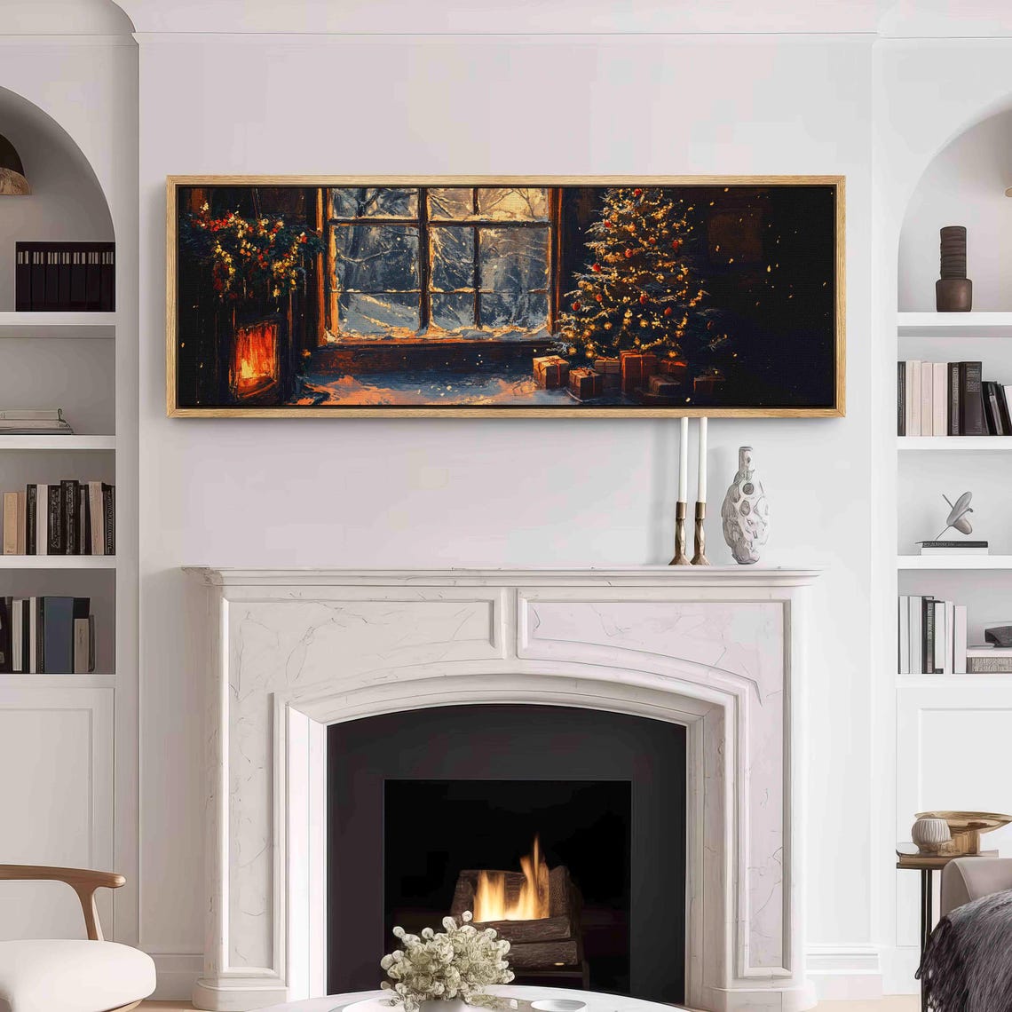 Cozy Christmas Night Lit Tree Fireplace Snowy Window Painting Wall Art - Image 3