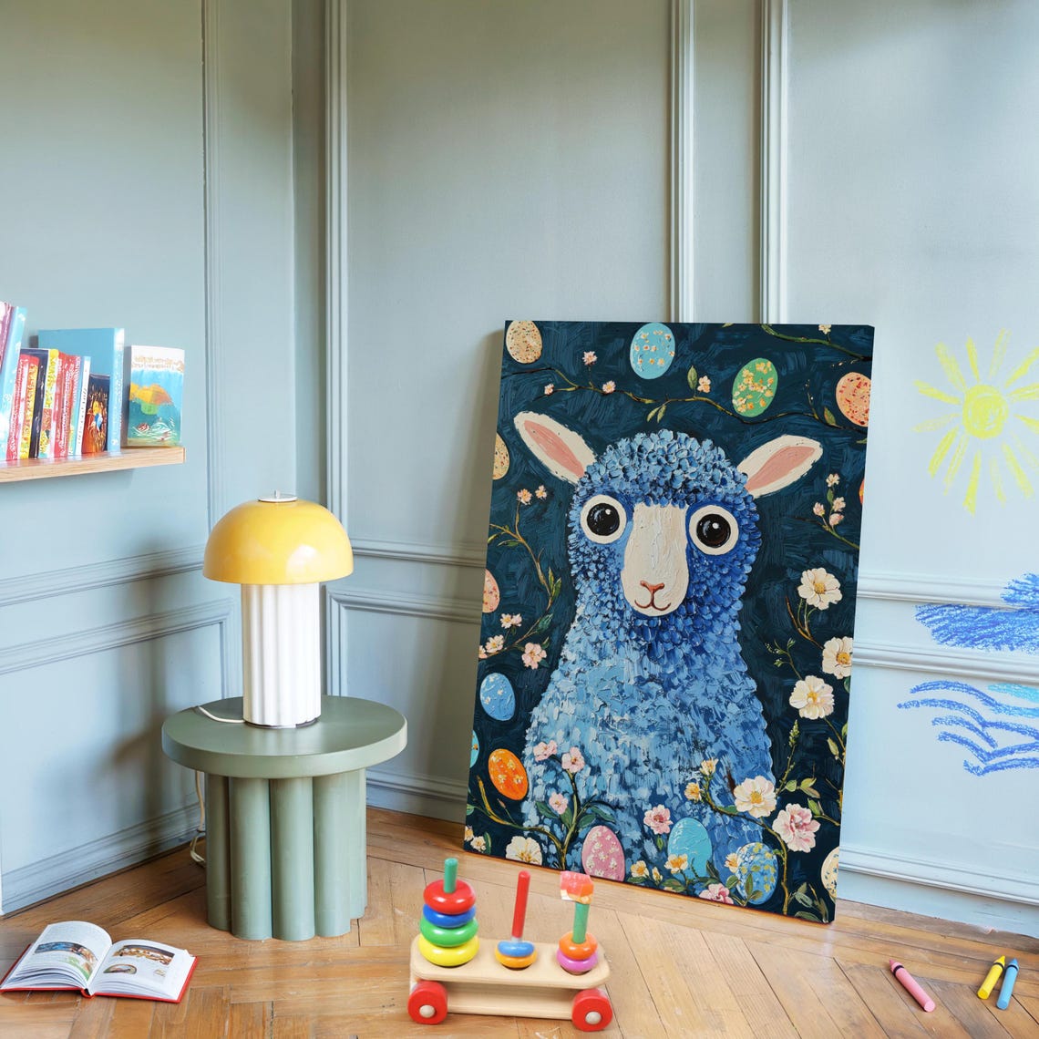 Cute Blue Lamb Easter Eggs Blossoms Dark Teal Whimsical Animal Poster - Image 2