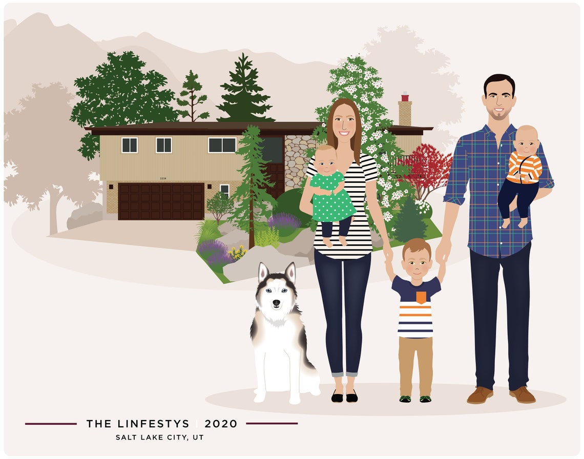 Custom Family Portrait Family Portrait With House Personalized Family Drawing
