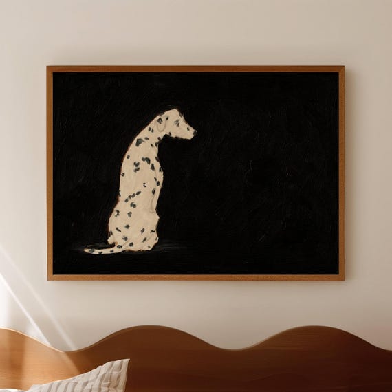 Minimalist Dalmatian Dog Black Oil Painting Print Horizontal Contemporary Wall Art Hand Drawn Textured Mid Century Modern Animal Poster