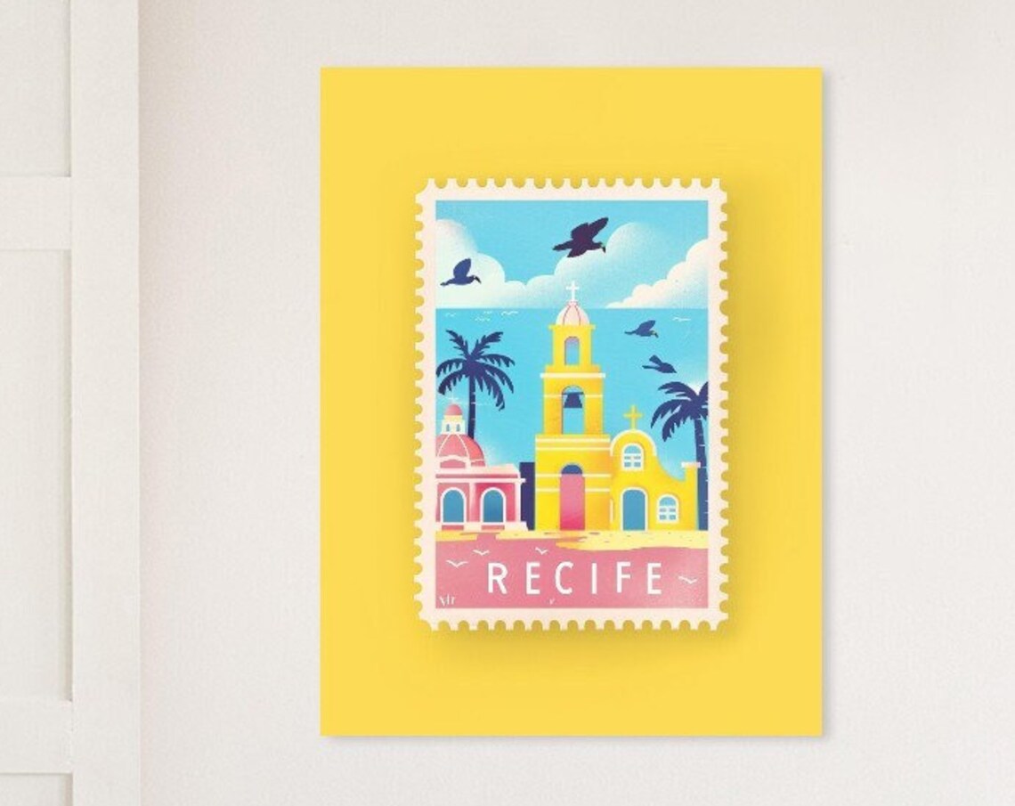 Recife Brazil Coastal Church Vintage Travel Stamp Style Poster