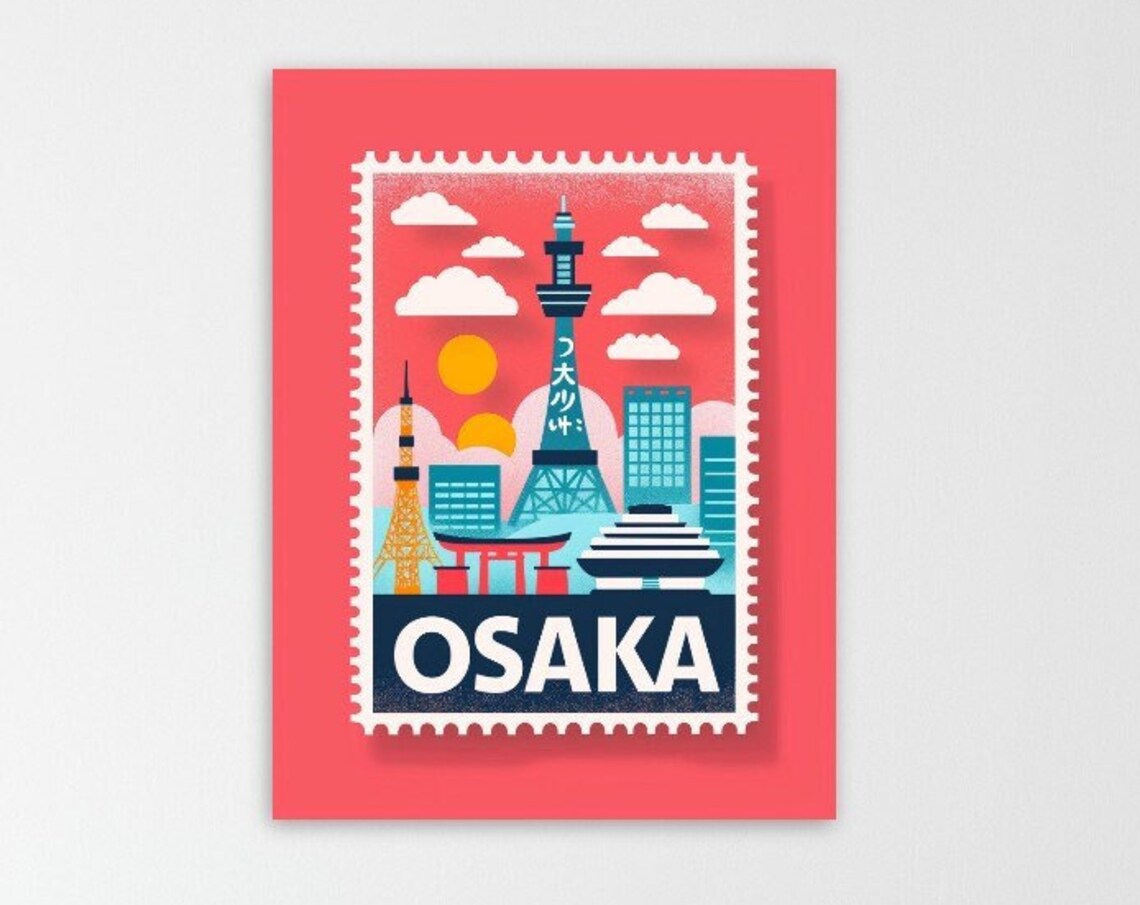 Osaka Japan Tower Torii Gate Vintage Travel Stamp Style Poster