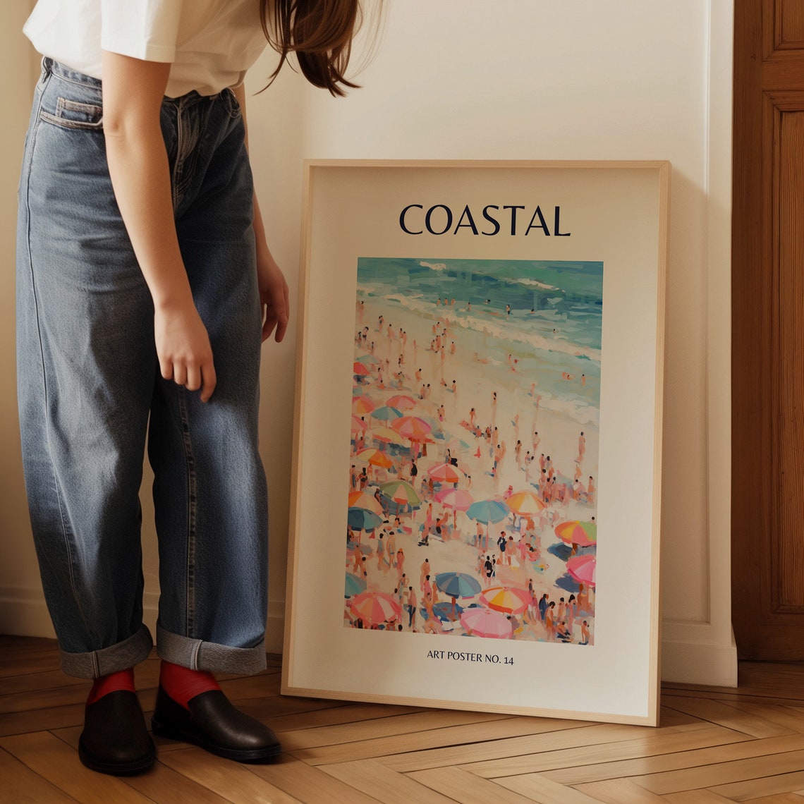 Coastal Crowded Beach Colorful Umbrellas Scene Art Poster No. 14 - Image 3