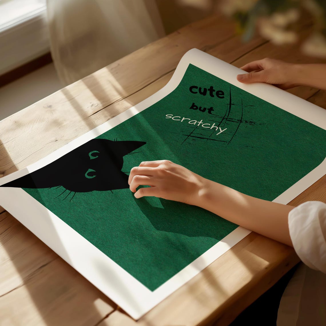 Cute but Scratchy Black Cat Face on Deep Green Scratch Poster - Image 4