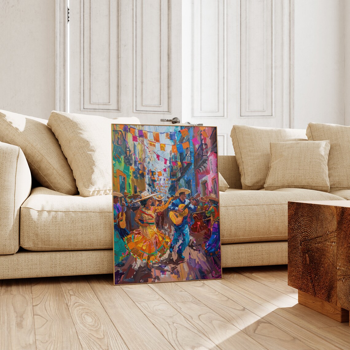 Mexican Fiesta Street with Mariachi Musicians and Dancers Art Poster - Image 2
