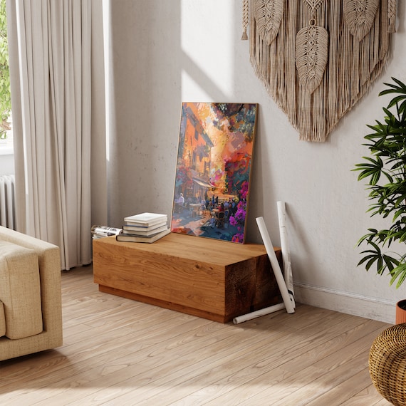 Sunlit European Cafe Street Corner with Flowers Painting Art Poster