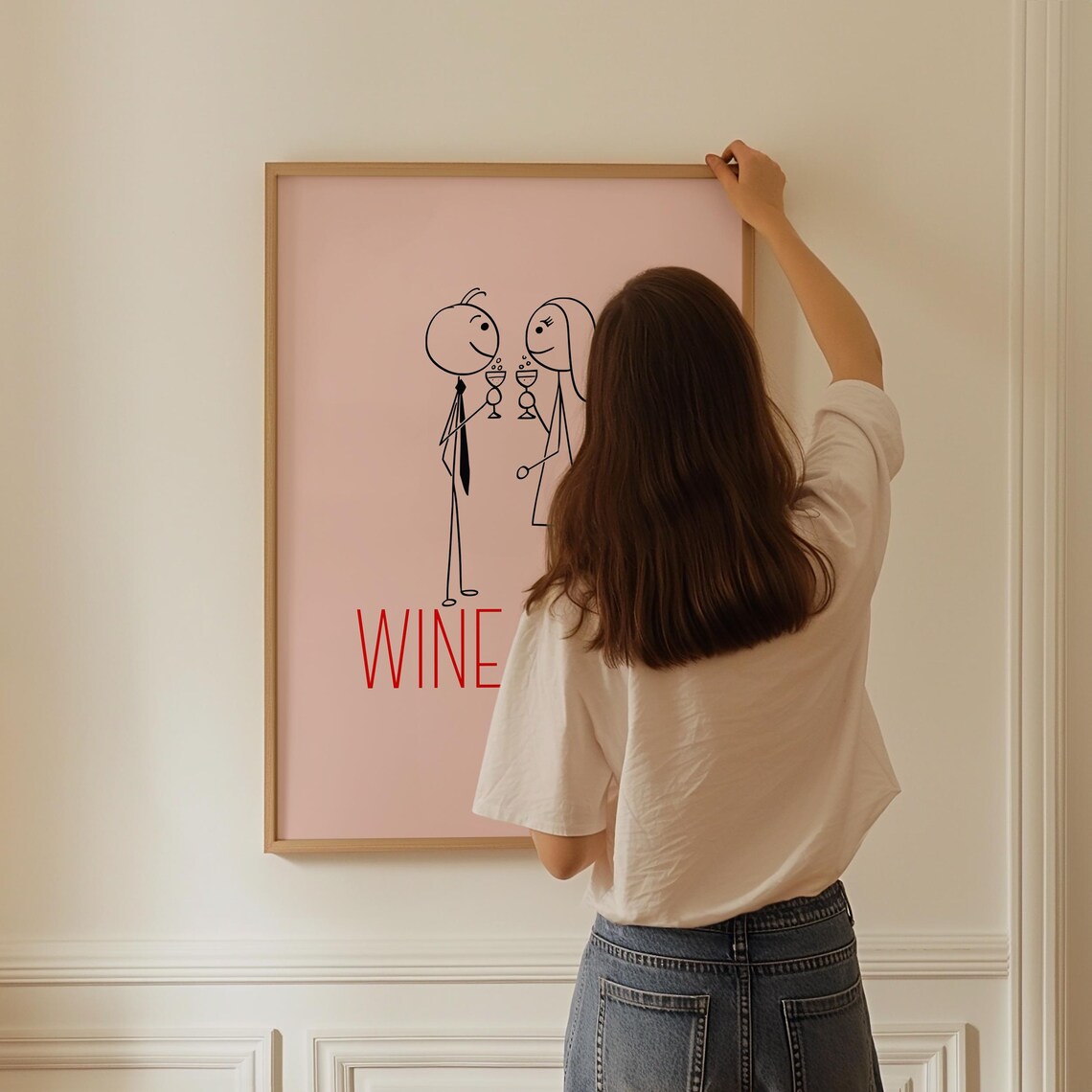 Wine Not Adorable Stick Figure Couple Toasting on Pink Poster - Image 3