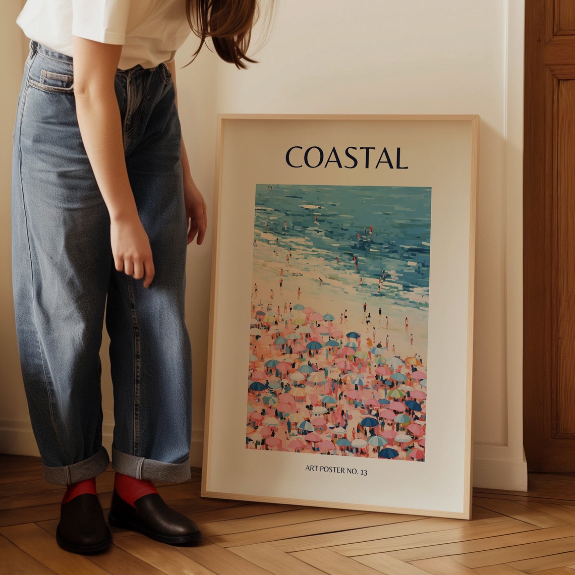Coastal Dense Pink Blue Umbrellas Crowd Scene Art Poster No. 13 - Image 3