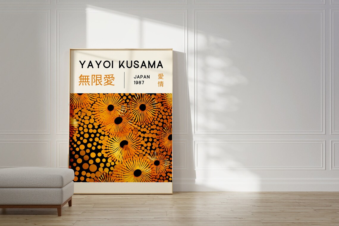 Yayoi Kusama Japan 1987 Exhibition Poster With Orange Floral Dots Art