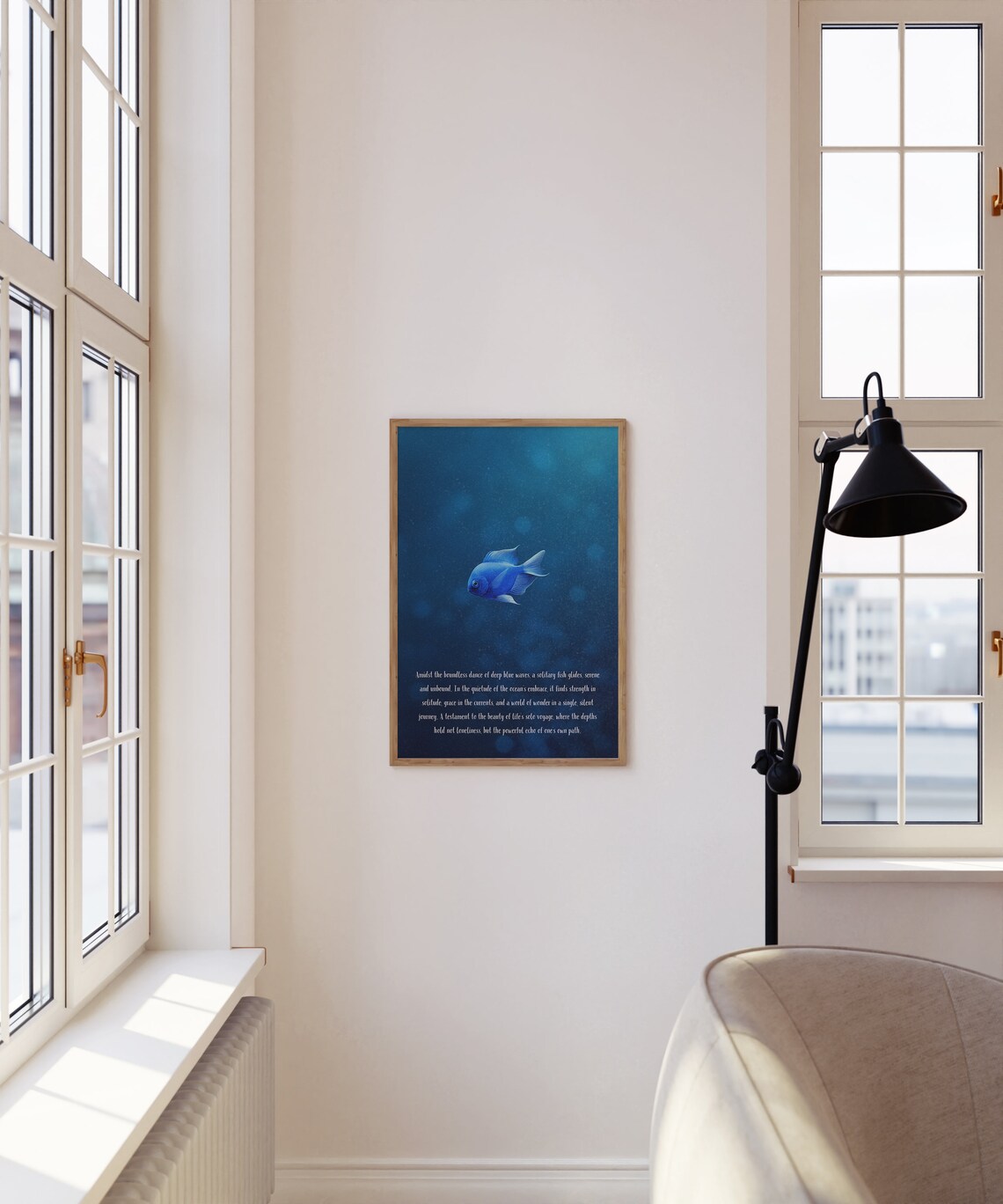 Solitary Blue Fish Deep Ocean Inspirational Poetry Art Poster - Image 3