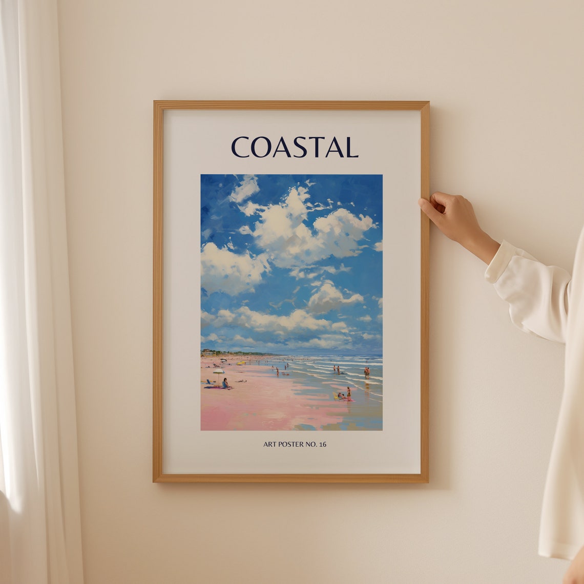 Coastal Blue Sky Clouds Pink Sand Shore View Art Poster No. 16