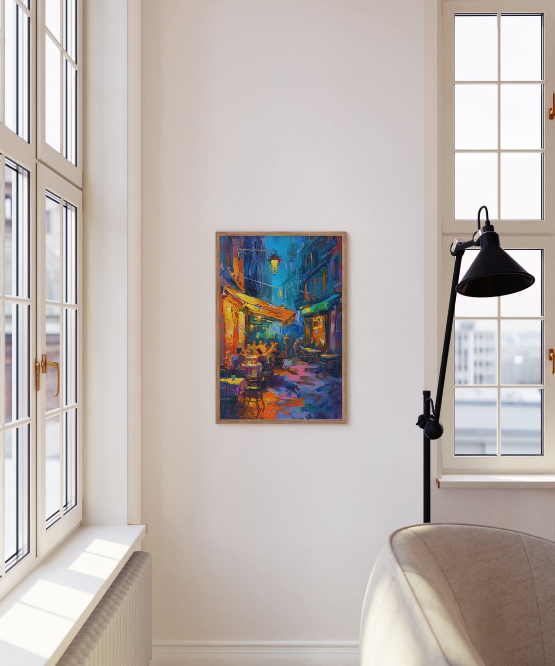 Night Cafe Street Scene with Diners and Colorful Lights Art Poster - Image 3