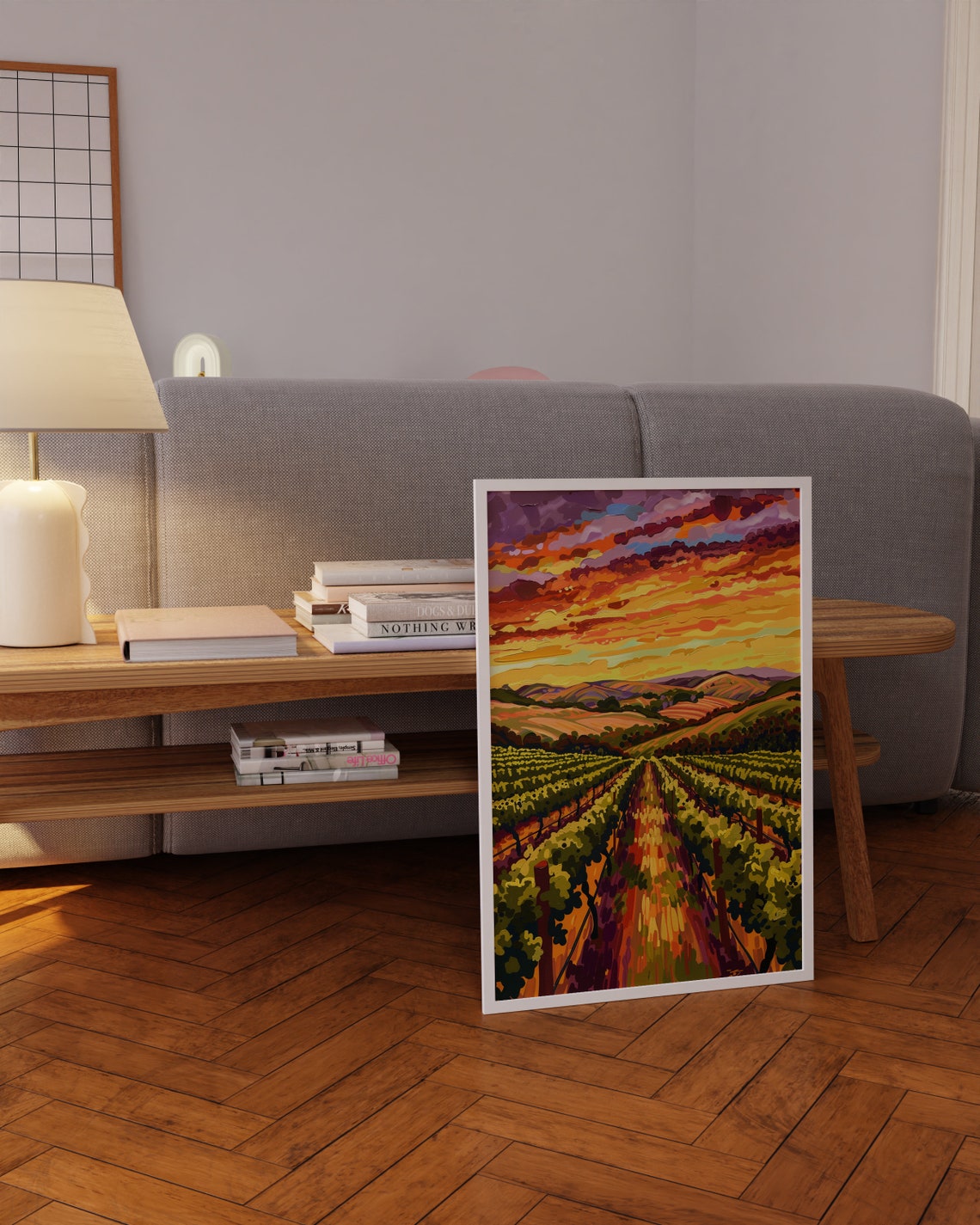 Vineyard Valley Golden Rows Red Orange Sunset Landscape Poster - Image 4