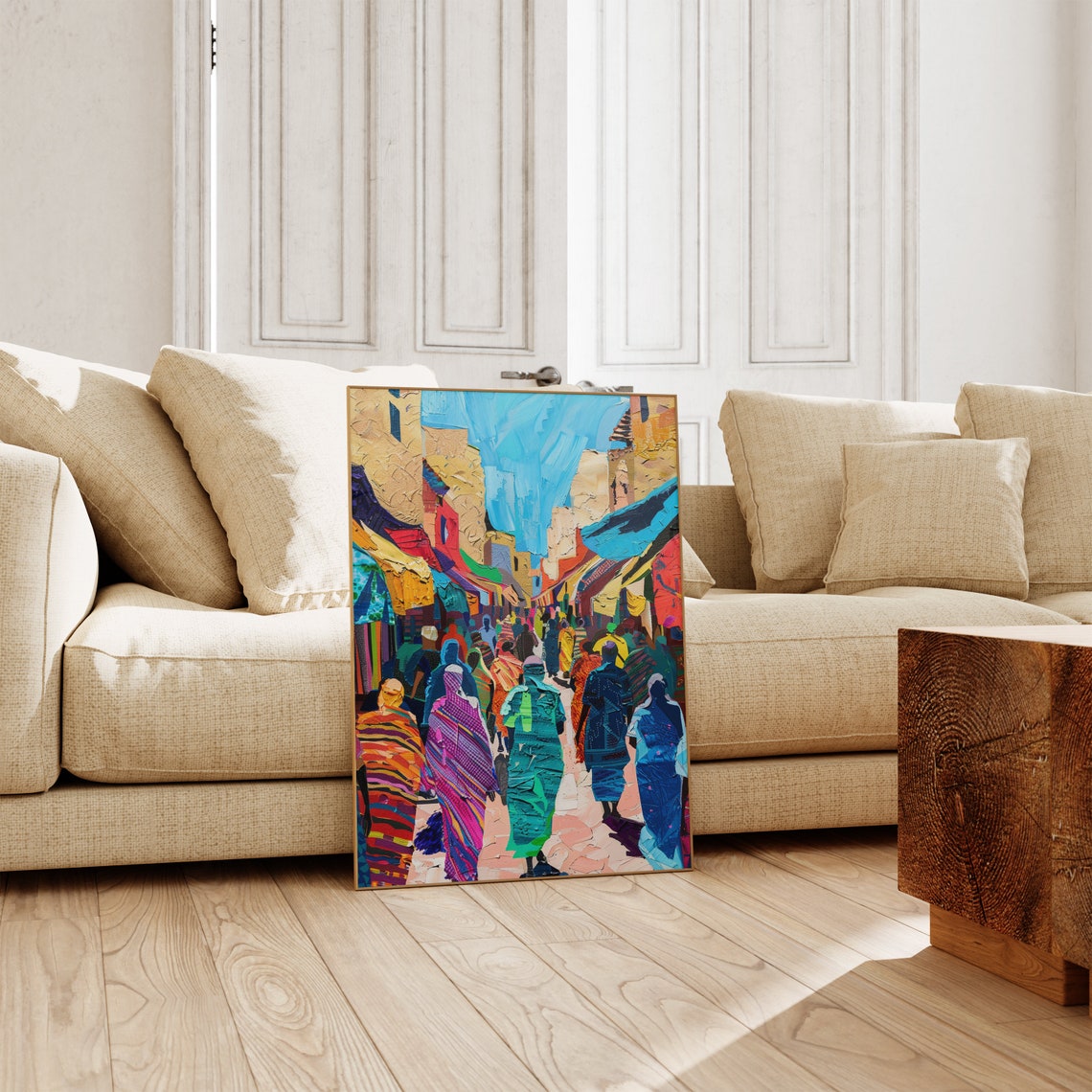 Crowded Colorful Street Market with Robed Figures Impasto Art Poster - Image 2