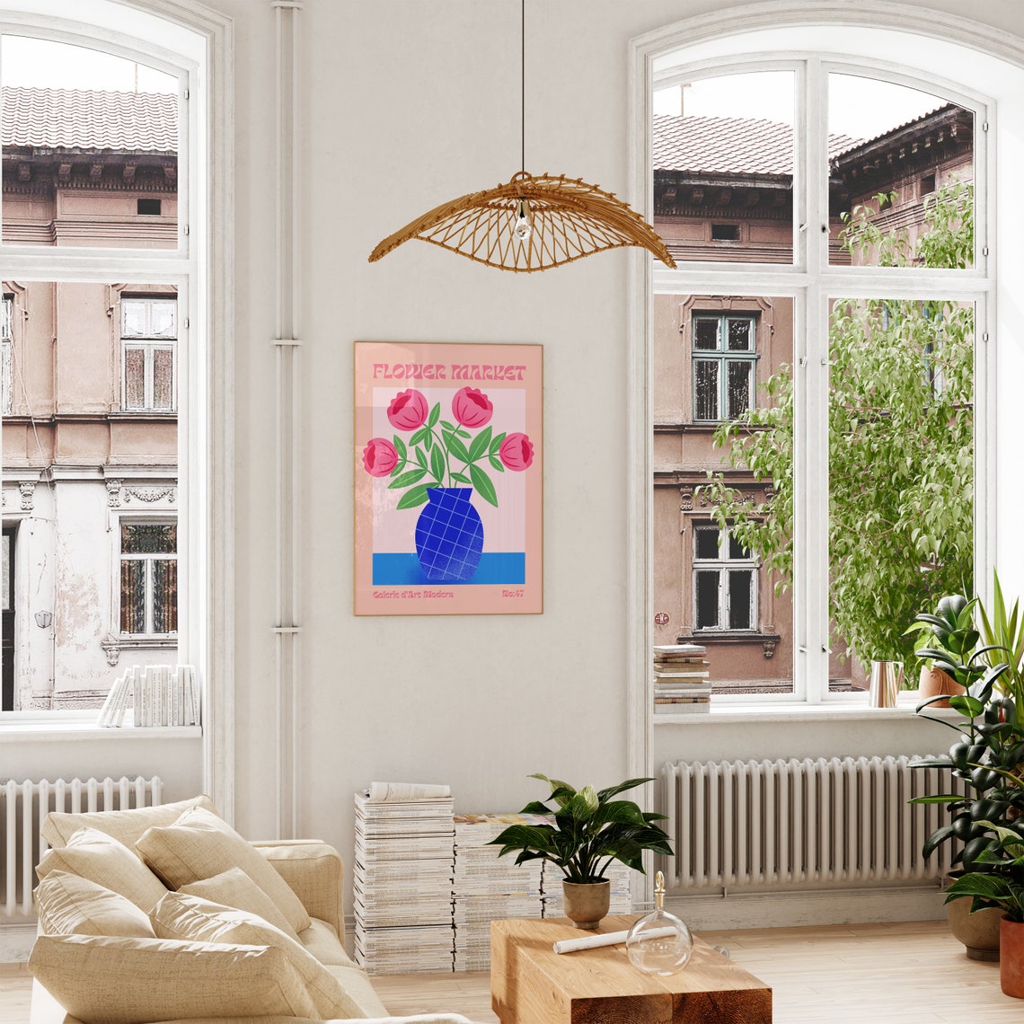 Flower Market No 47 Pink Tulips Blue Grid Vase Peach Art Poster - Image 4