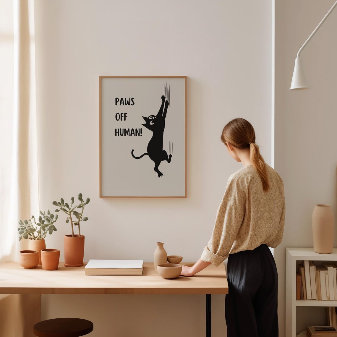 Paws Off Human Tall Stretching Black Cat Silhouette Art Poster - Image 2