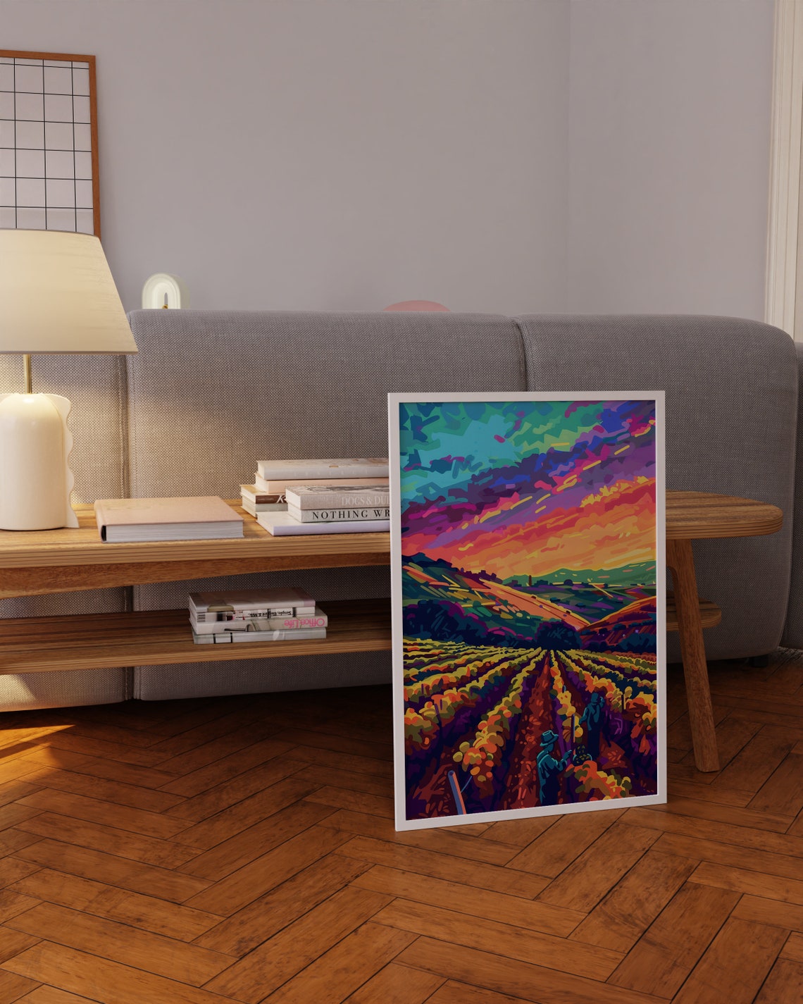 Vineyard Sunrise Harvesters Rainbow Sky Rows Colorful Poster - Image 3