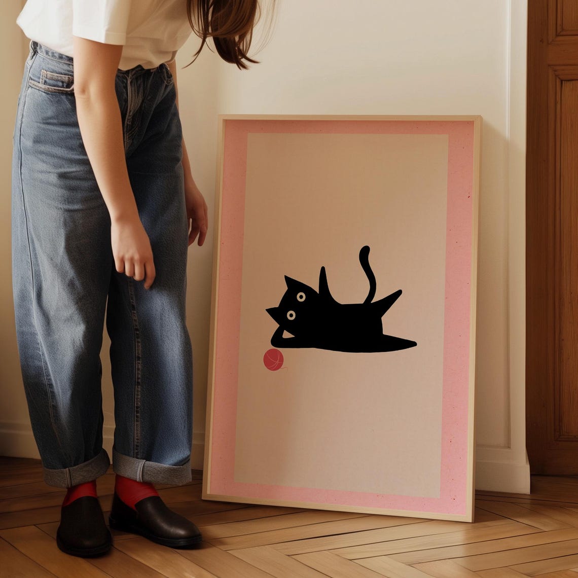 Minimalist Black Cat with Red Yarn Ball on Pink Border Art Poster - Image 4