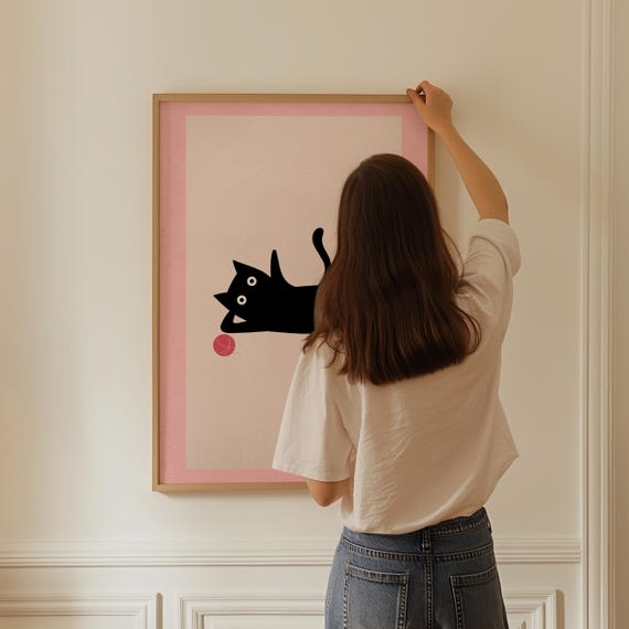 Funny Cat Posters Pink Black Cat Wall Art Funny Cat Meme Preppy Print Funny Funky Animal Poster Decor Modern Animal Artwork Cat Gift