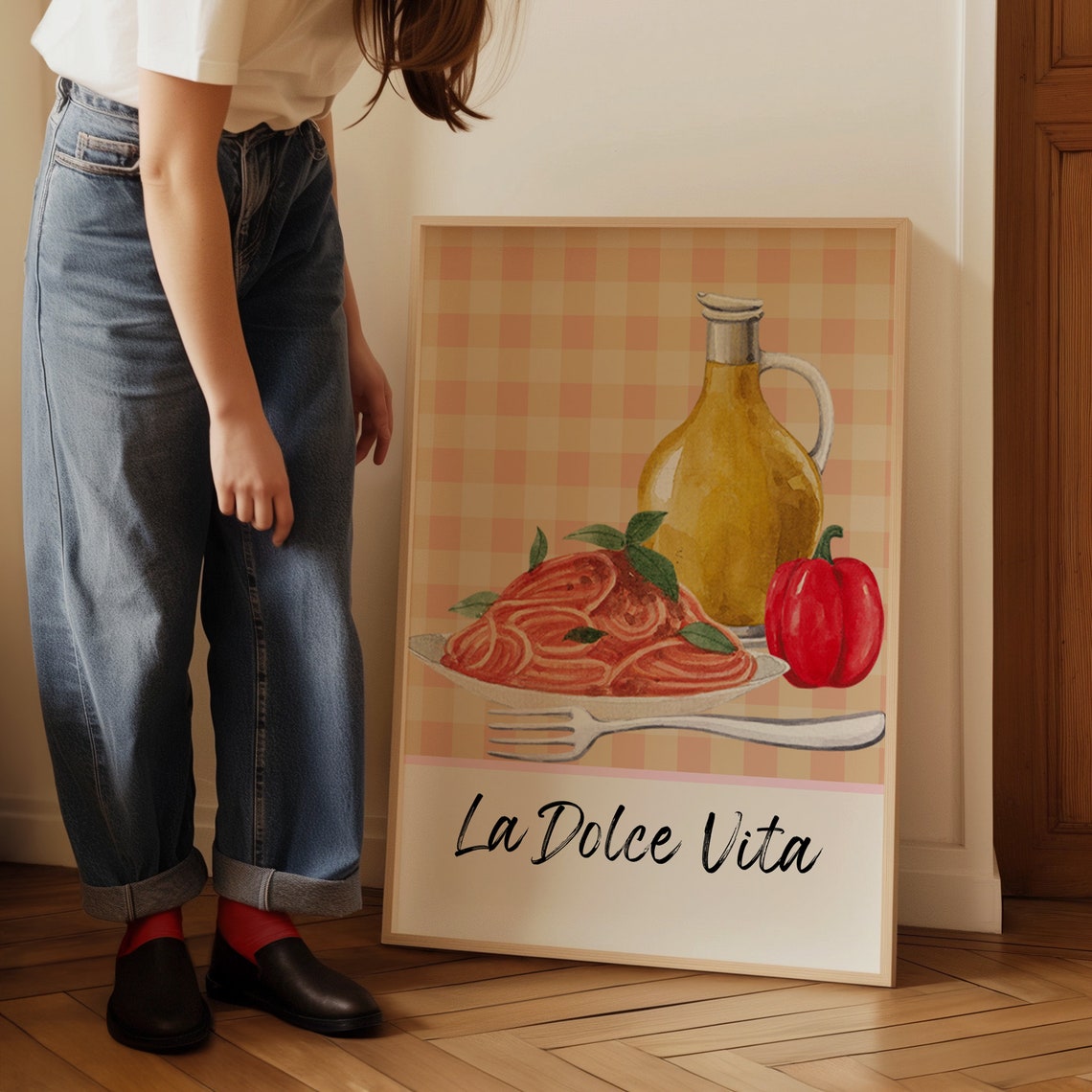 La Dolce Vita Spaghetti Olive Oil Pepper Gingham Kitchen Poster - Image 4