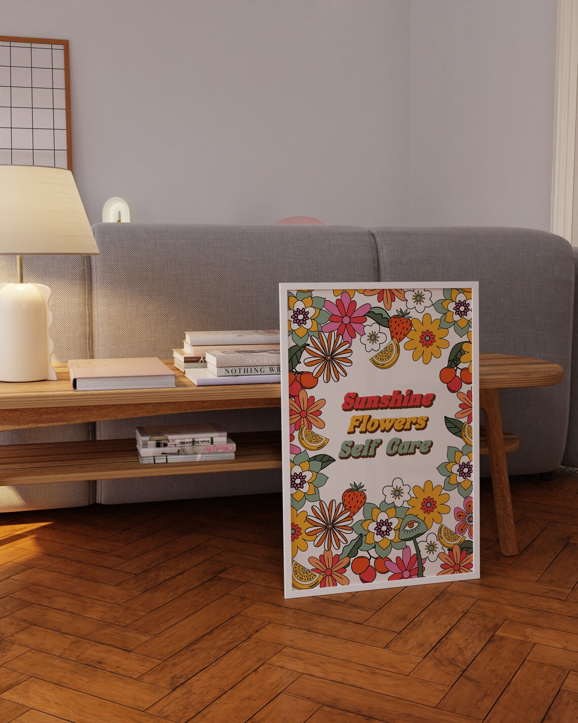 Sunshine Flowers Self Care Retro Fruit Floral Border Art Poster - Image 3