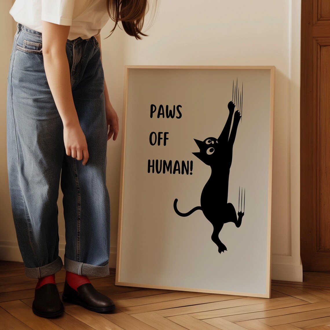 Paws Off Human Tall Stretching Black Cat Silhouette Art Poster - Image 5