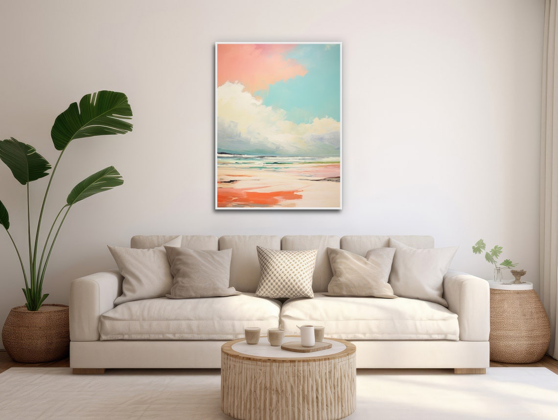Dreamy Warm Peach Coral Abstract Beach With Teal Sky Modern Poster - Image 3