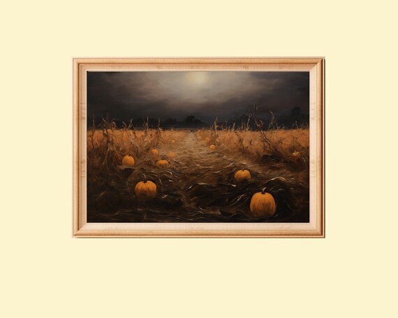 Fall Pumpkin Patch Landscape Painting, Autumn Decor