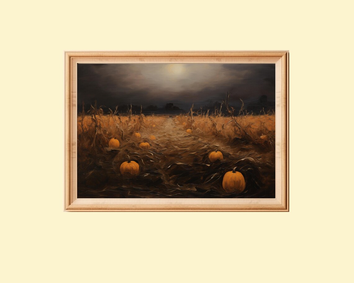 Fall Pumpkin Patch Landscape Painting, Autumn Decor