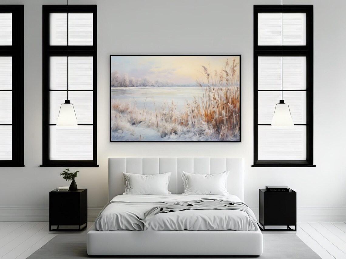 Snowy Winter Landscape, Impressionist Farmhouse Art - Image 2