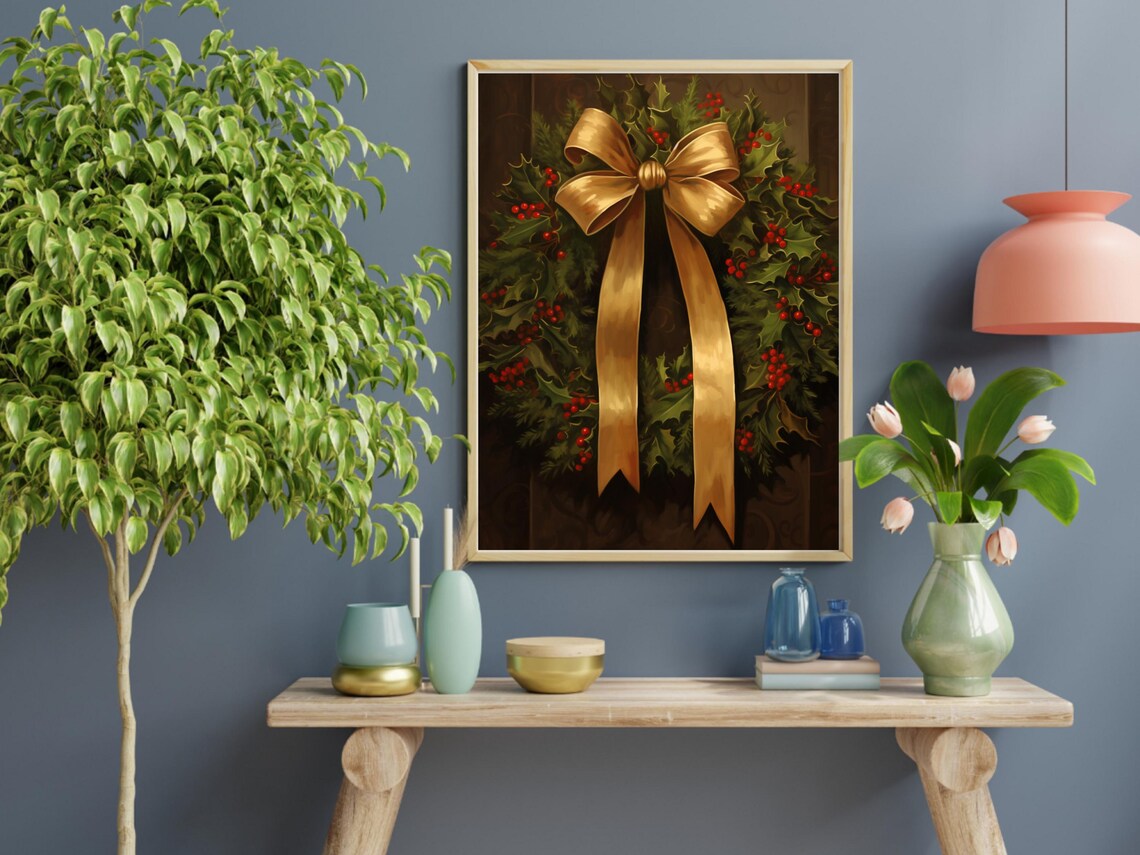 Christmas Wreath Still Life, Victorian Era Painting - Image 2