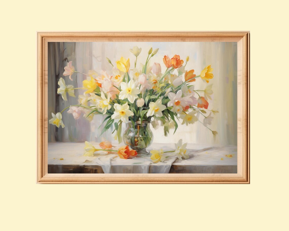 Daffodil and Tulip Artwork, Floral Still Life