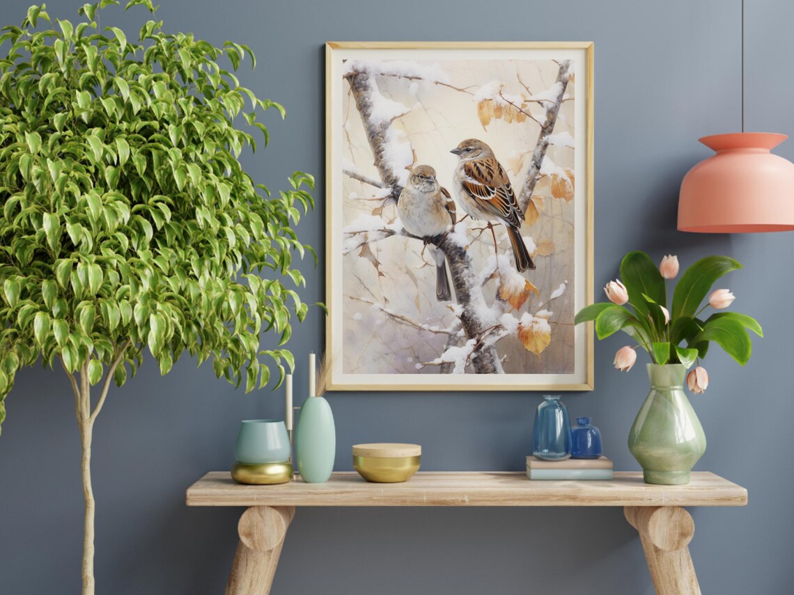 Sparrows Perched On Snowy Branches, Winter Nature Art - Image 2