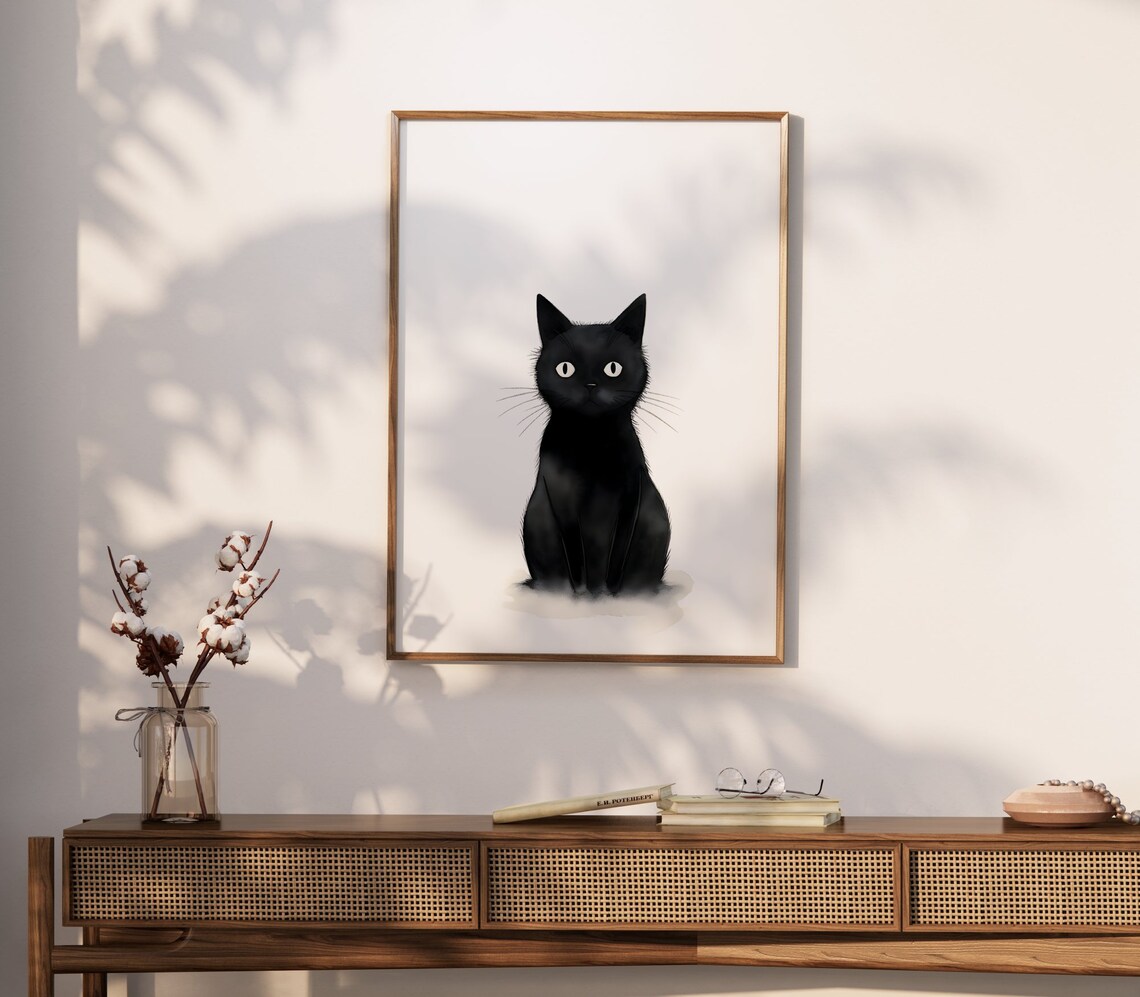 Minimalist Black Cat with Big White Eyes Halloween Art Poster - Image 2