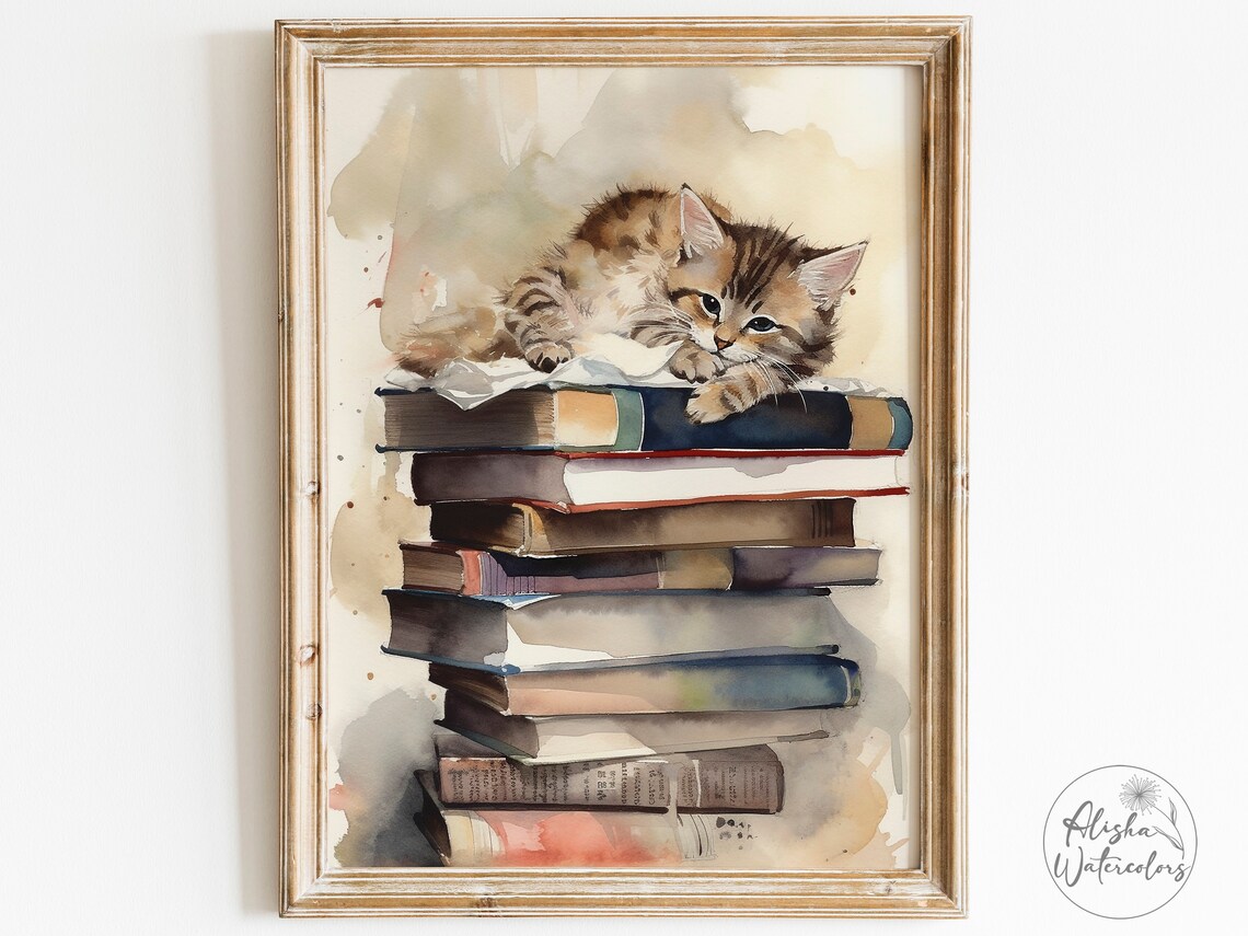 Cute Tabby Kitten Sleeping on a Stack of Books Watercolor Poster